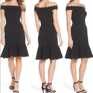 Eliza J Scalloped Ribbed Knit LBD Fit & Flare Mini Dress L Quiet Luxury Coquette